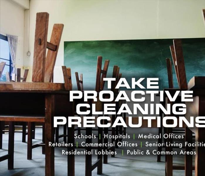 An empty classroom with chairs stacked on desks and the center heading says to take cleaning precautions