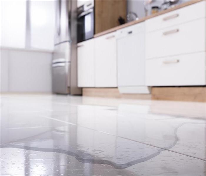 A bright and clean kitchen seems to be having a real problem because a steady stream of clear water is flowing across tiles