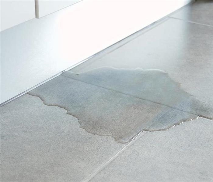 Fresh clean water seeps from a toe kick out onto tile floor from a water leak