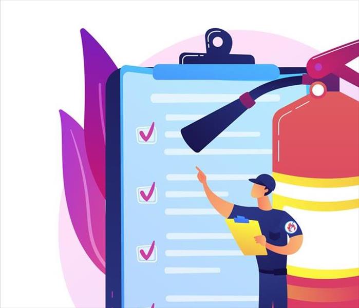 A picture of a fire inspector reviews safety measures. Flames are behind a clipboard and a fire extinguisher is ready for use