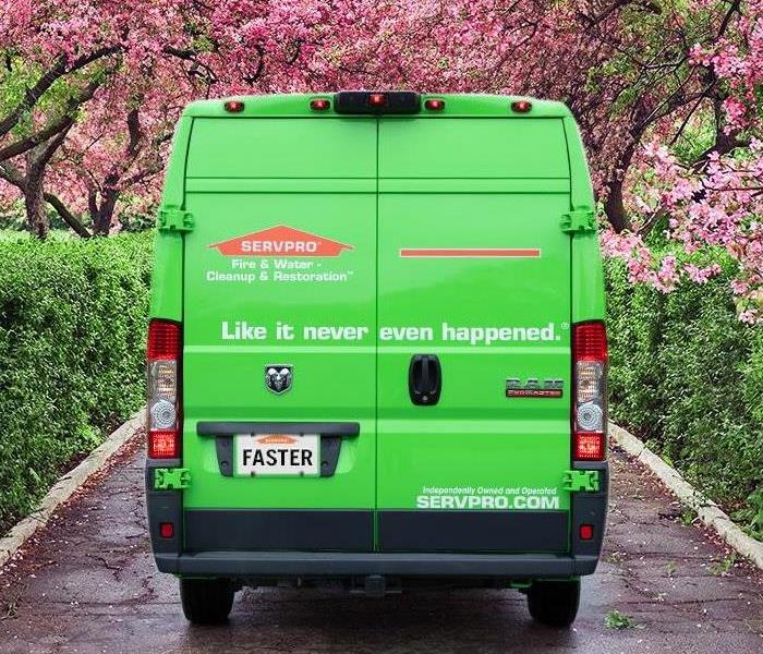 Spring brings bright pink blossoms on trees, fresh green grass and our SERVPRO green logo'd van sits in the middle